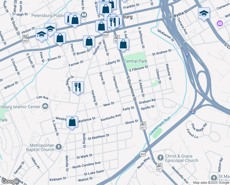 map of restaurants, bars, coffee shops, grocery stores, and more near 506 Harrison Street in Petersburg