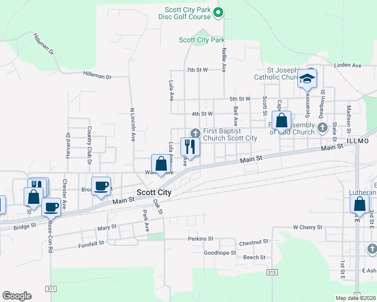 map of restaurants, bars, coffee shops, grocery stores, and more near 210 Ruth Avenue in Scott City