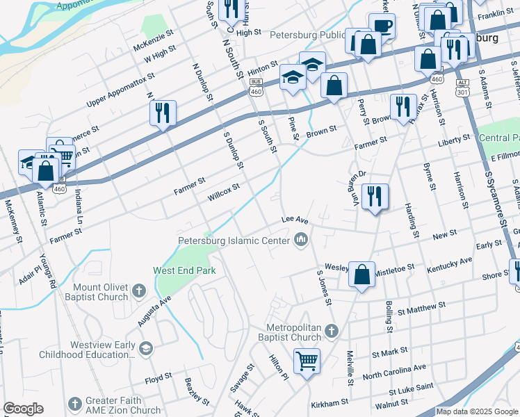 map of restaurants, bars, coffee shops, grocery stores, and more near 517 South Dunlop Street in Petersburg