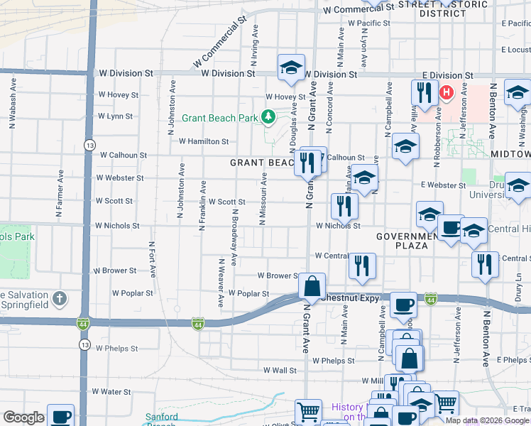 map of restaurants, bars, coffee shops, grocery stores, and more near 1020 North Missouri Avenue in Springfield