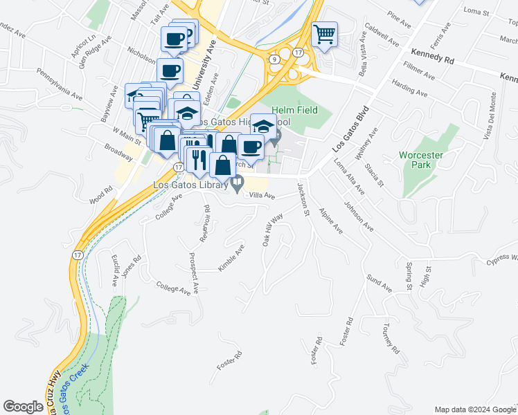 map of restaurants, bars, coffee shops, grocery stores, and more near 3 Kimble Avenue in Los Gatos