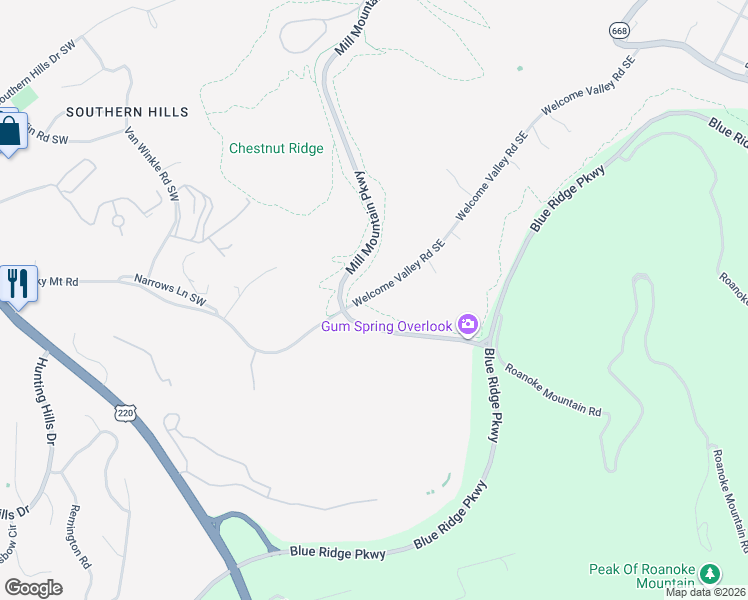 map of restaurants, bars, coffee shops, grocery stores, and more near 4150 Welcome Valley Road Southeast in Roanoke