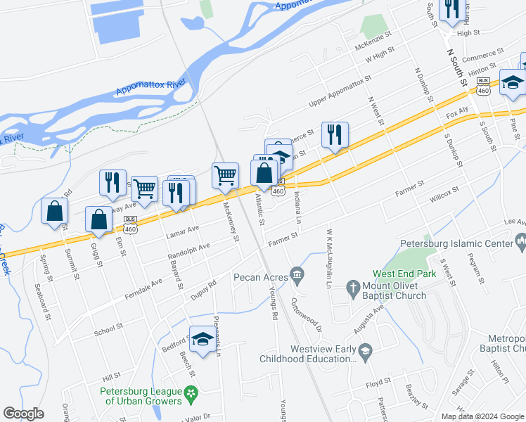 map of restaurants, bars, coffee shops, grocery stores, and more near 1514 Oakdale Avenue in Petersburg
