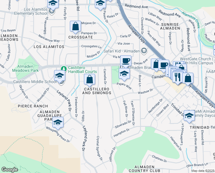map of restaurants, bars, coffee shops, grocery stores, and more near 6484 Camelia Drive in San Jose
