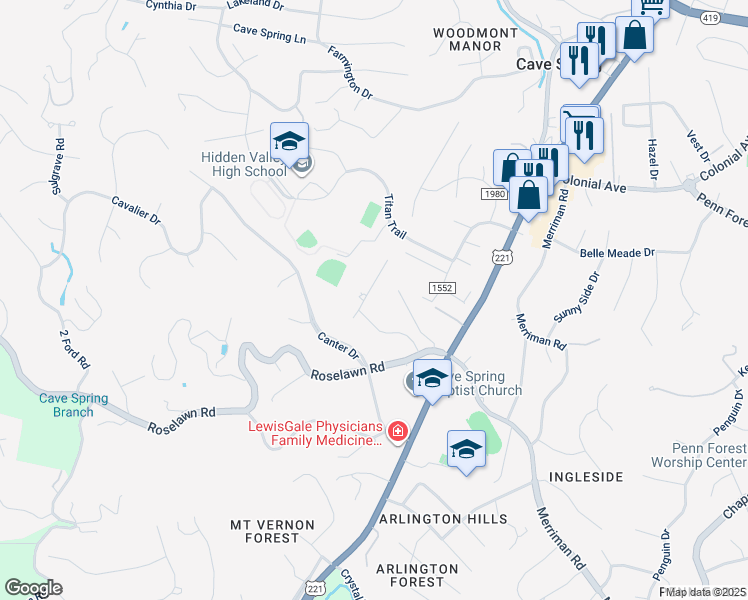map of restaurants, bars, coffee shops, grocery stores, and more near 4946 Grape Tree Lane in Cave Spring