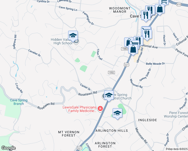 map of restaurants, bars, coffee shops, grocery stores, and more near 4946 Grape Tree Lane in Cave Spring