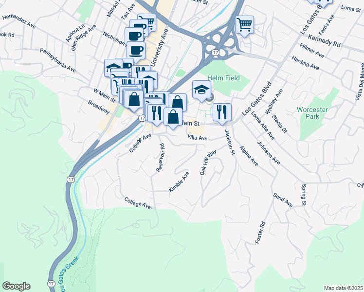 map of restaurants, bars, coffee shops, grocery stores, and more near 90 Cleland Avenue in Los Gatos