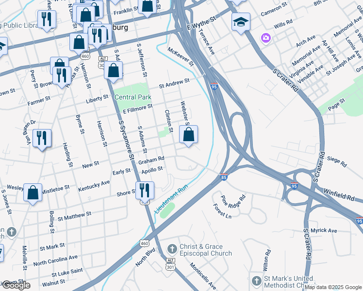 map of restaurants, bars, coffee shops, grocery stores, and more near 299 Glenwood Court in Petersburg