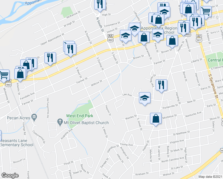 map of restaurants, bars, coffee shops, grocery stores, and more near 528 South Dunlop Street in Petersburg