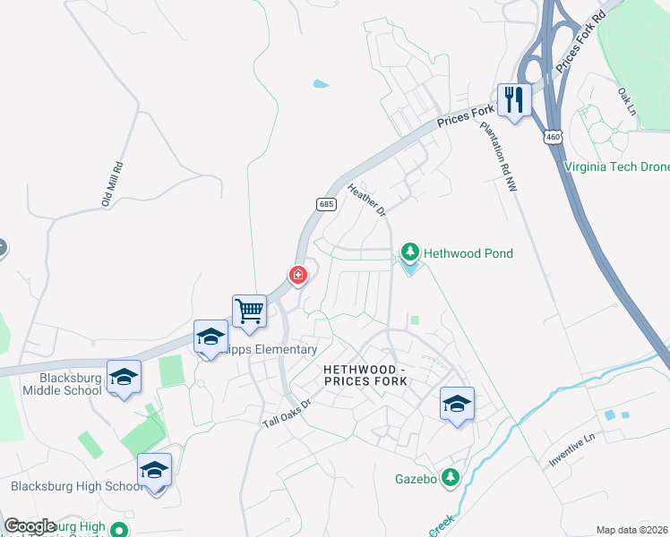 map of restaurants, bars, coffee shops, grocery stores, and more near 2500 Plymouth Street in Blacksburg