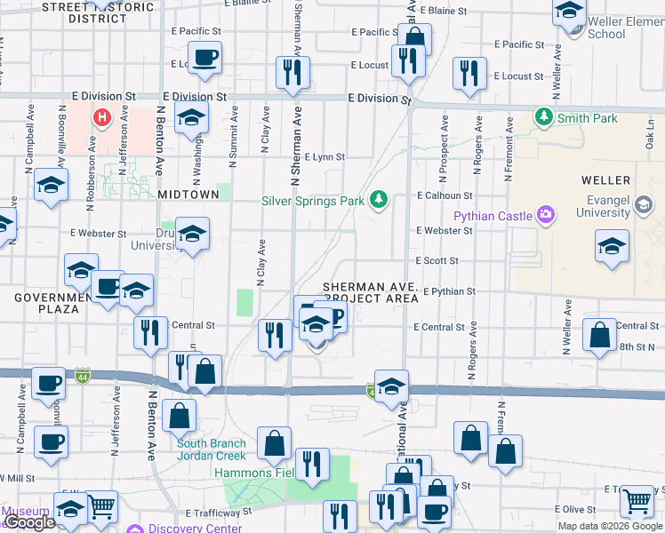 map of restaurants, bars, coffee shops, grocery stores, and more near 1021 East Scott Street in Springfield