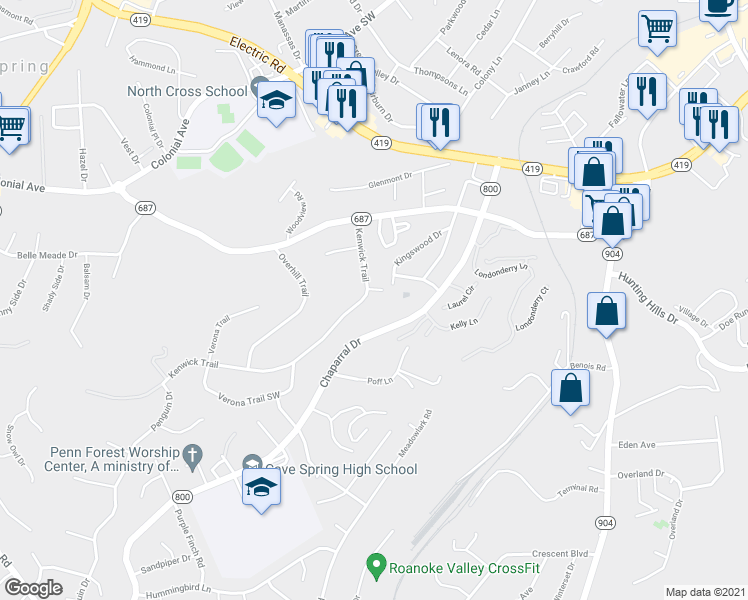 map of restaurants, bars, coffee shops, grocery stores, and more near 3370 Kenwick Trail in Roanoke