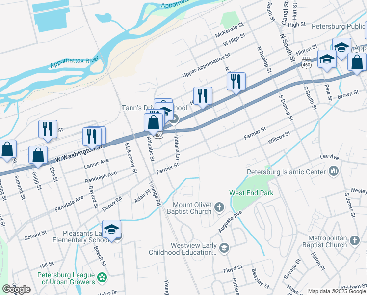 map of restaurants, bars, coffee shops, grocery stores, and more near 1353 Rome Street in Petersburg