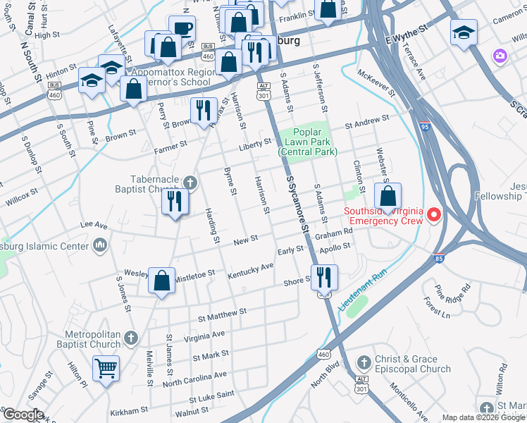 map of restaurants, bars, coffee shops, grocery stores, and more near 456 Harrison Street in Petersburg