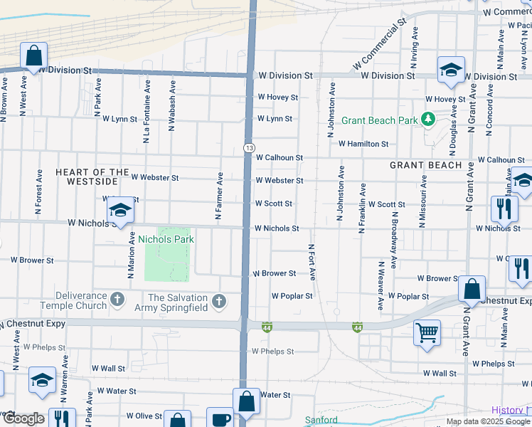 map of restaurants, bars, coffee shops, grocery stores, and more near 1023 North Nettleton Avenue in Springfield