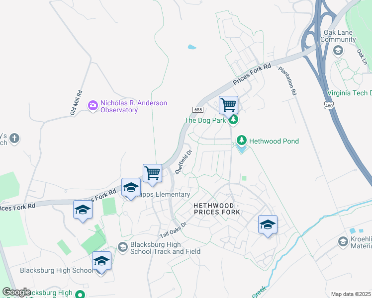 map of restaurants, bars, coffee shops, grocery stores, and more near 2608 Sheffield Drive in Blacksburg