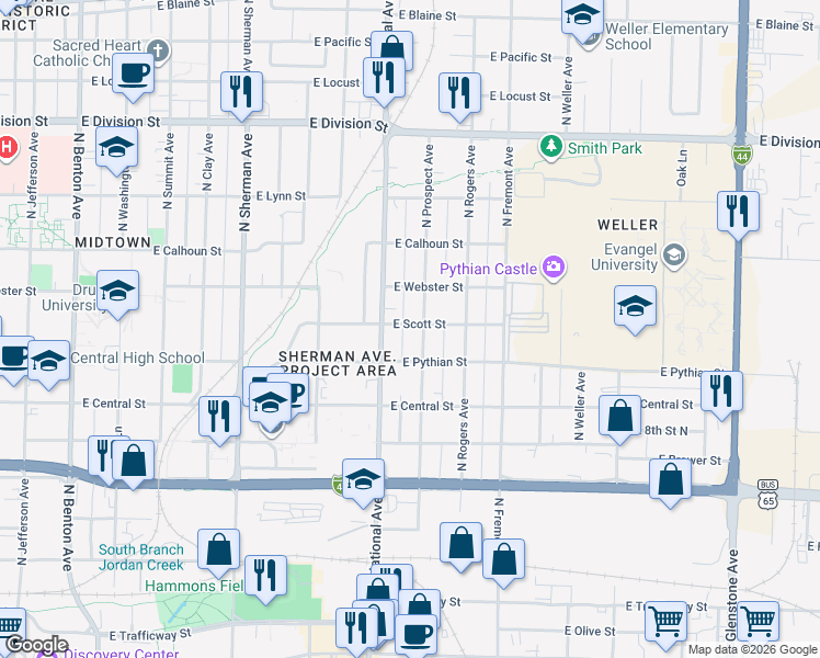 map of restaurants, bars, coffee shops, grocery stores, and more near 1226 East Scott Street in Springfield