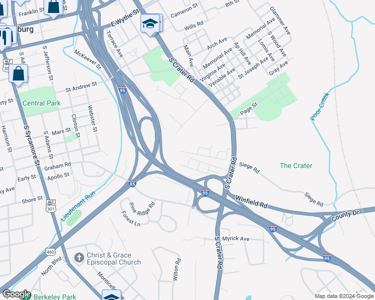 map of restaurants, bars, coffee shops, grocery stores, and more near 523 Greensville Avenue in Petersburg