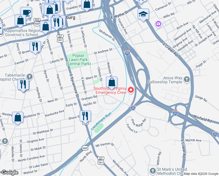 map of restaurants, bars, coffee shops, grocery stores, and more near 299 Glenwood Court in Petersburg