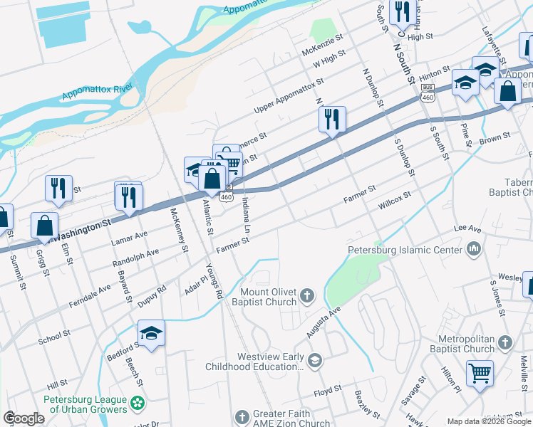 map of restaurants, bars, coffee shops, grocery stores, and more near 1353 Rome Street in Petersburg