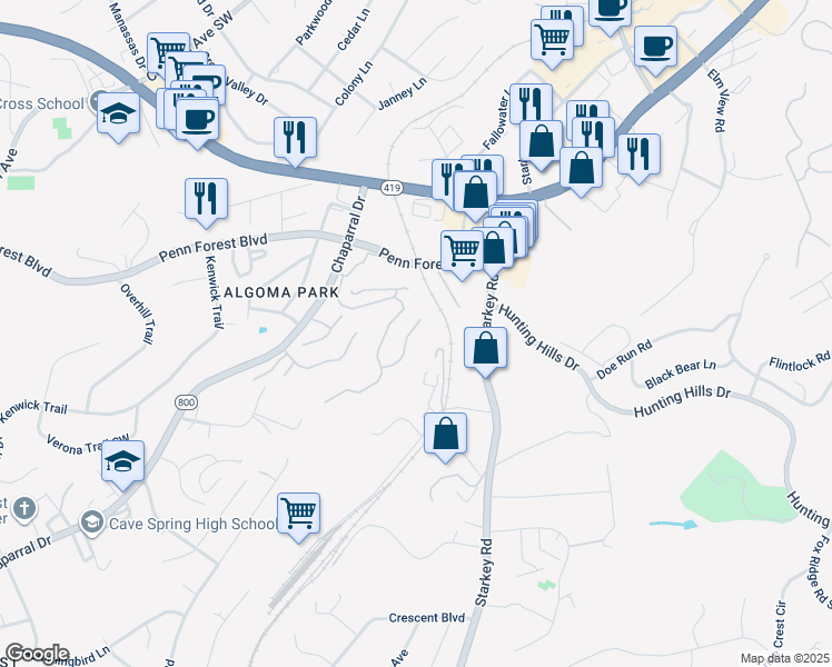 map of restaurants, bars, coffee shops, grocery stores, and more near 3451 Londonderry Court in Cave Spring