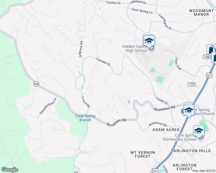 map of restaurants, bars, coffee shops, grocery stores, and more near 5532 Westbriar Court in Roanoke