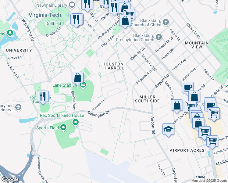 map of restaurants, bars, coffee shops, grocery stores, and more near 250 Sterrett Drive in Blacksburg