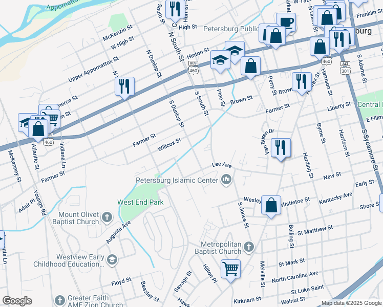map of restaurants, bars, coffee shops, grocery stores, and more near 508 South Dunlop Street in Petersburg