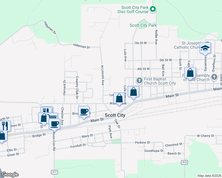 map of restaurants, bars, coffee shops, grocery stores, and more near 404 North Lincoln Street in Scott City