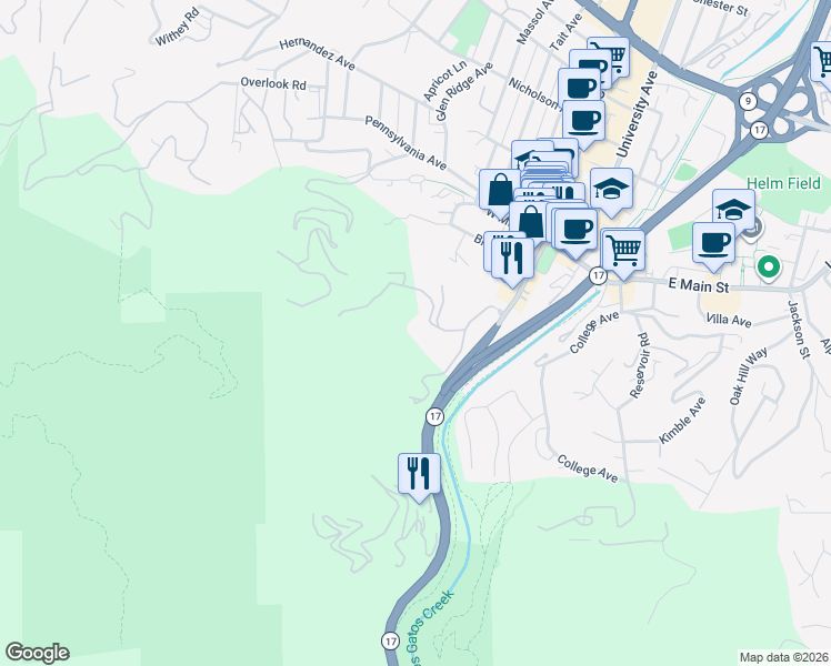 map of restaurants, bars, coffee shops, grocery stores, and more near 123 Wood Road in Los Gatos