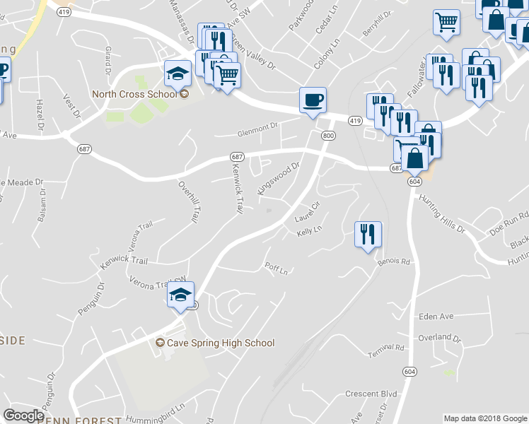 map of restaurants, bars, coffee shops, grocery stores, and more near 3360 Kenwick Trail in Cave Spring