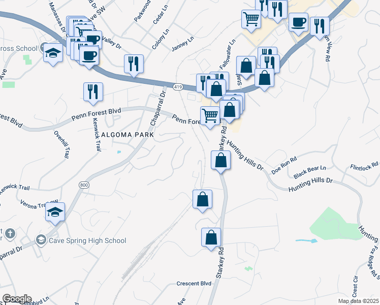 map of restaurants, bars, coffee shops, grocery stores, and more near 3451 Londonderry Court in Cave Spring