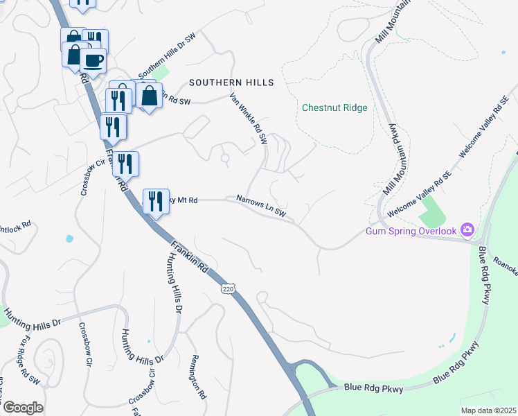 map of restaurants, bars, coffee shops, grocery stores, and more near 4517 Narrows Lane Southwest in Roanoke