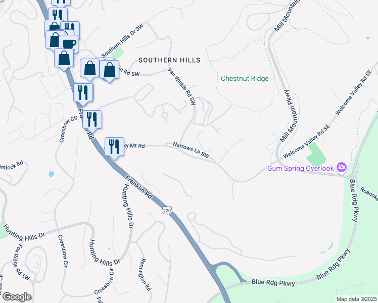 map of restaurants, bars, coffee shops, grocery stores, and more near 4517 Narrows Lane Southwest in Roanoke