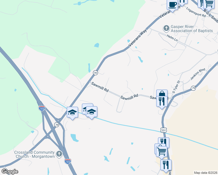 map of restaurants, bars, coffee shops, grocery stores, and more near 256 Sawmill Road in Morgantown