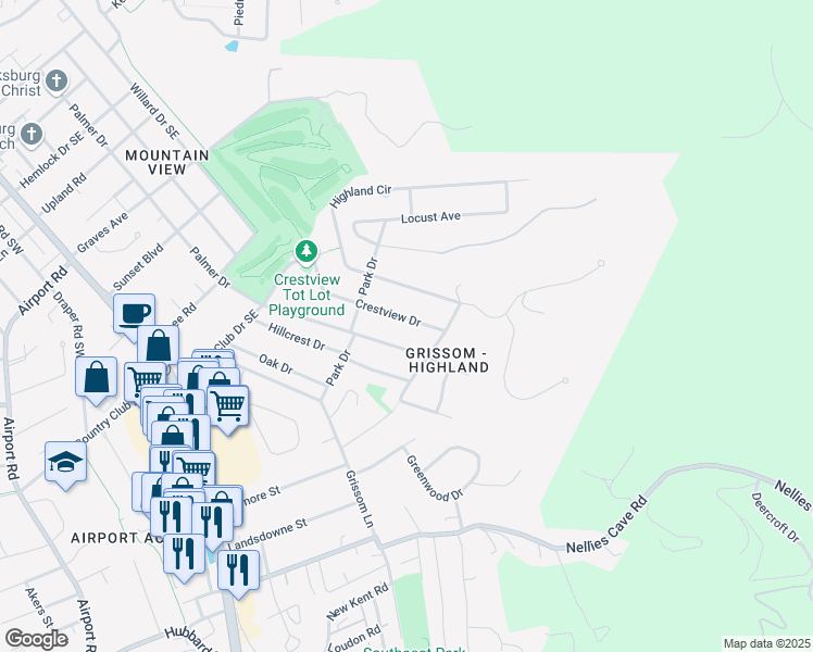 map of restaurants, bars, coffee shops, grocery stores, and more near 1410 Crestview Drive in Blacksburg