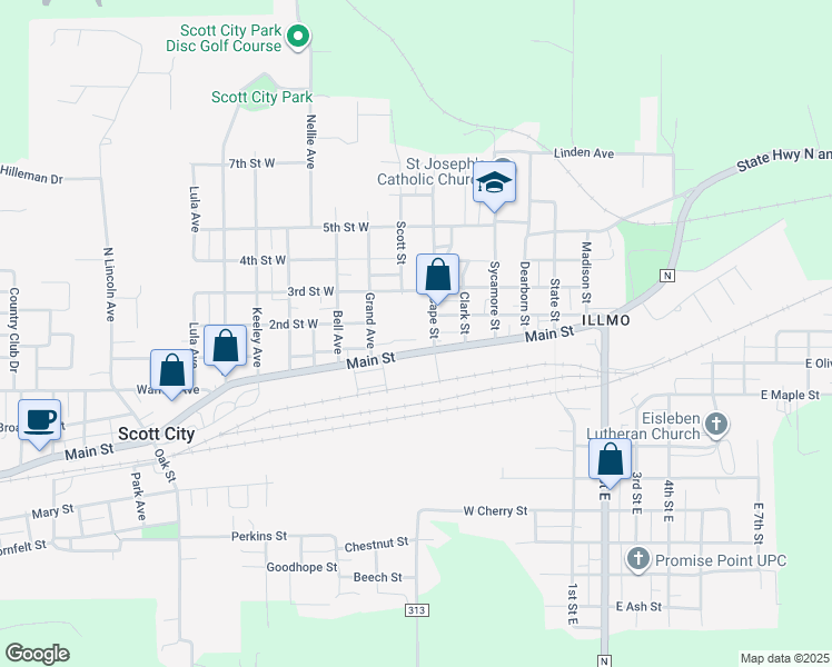 map of restaurants, bars, coffee shops, grocery stores, and more near 201 Cape Street in Scott City