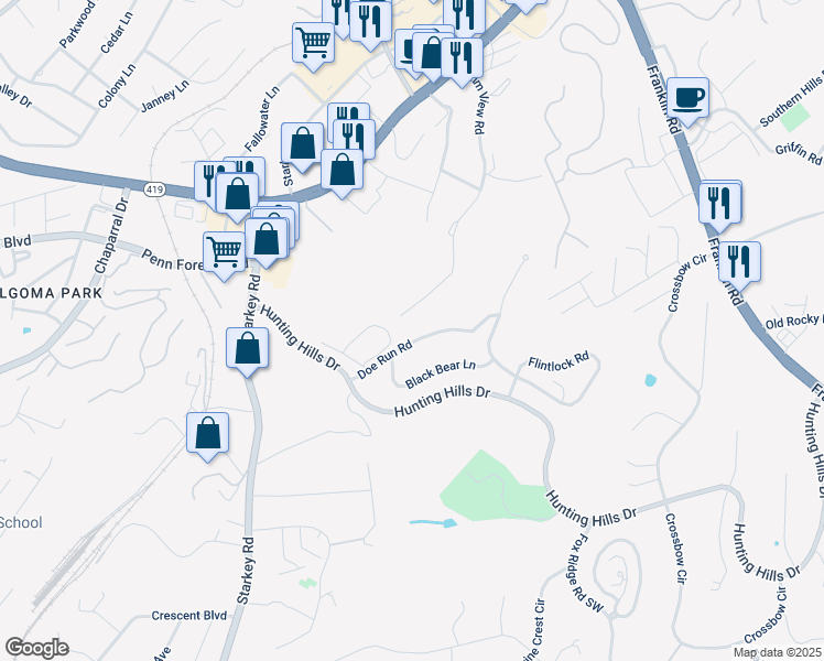 map of restaurants, bars, coffee shops, grocery stores, and more near 5379 Doe Run Road in Cave Spring