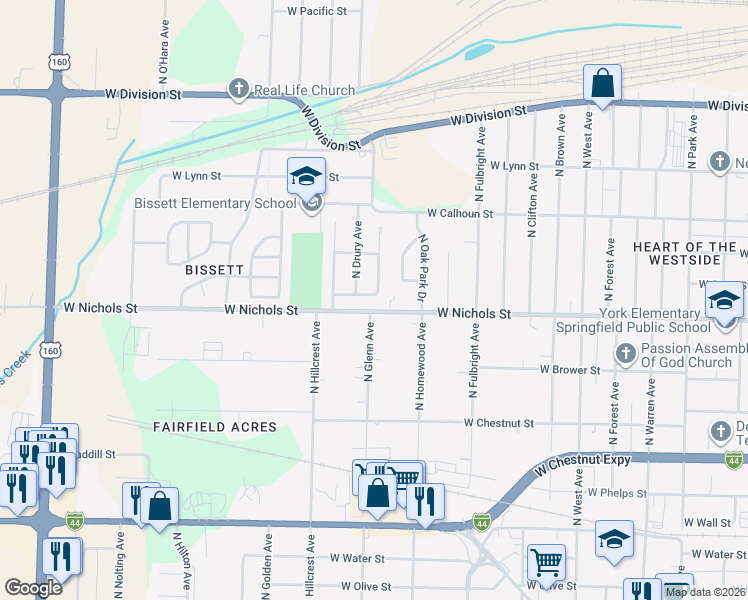 map of restaurants, bars, coffee shops, grocery stores, and more near 2854 West Scott Street in Springfield