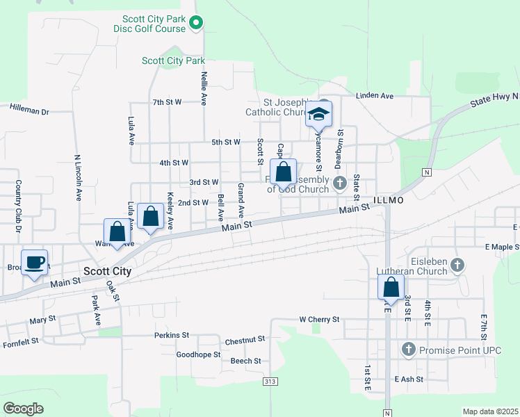 map of restaurants, bars, coffee shops, grocery stores, and more near 618 Main Street in Scott City