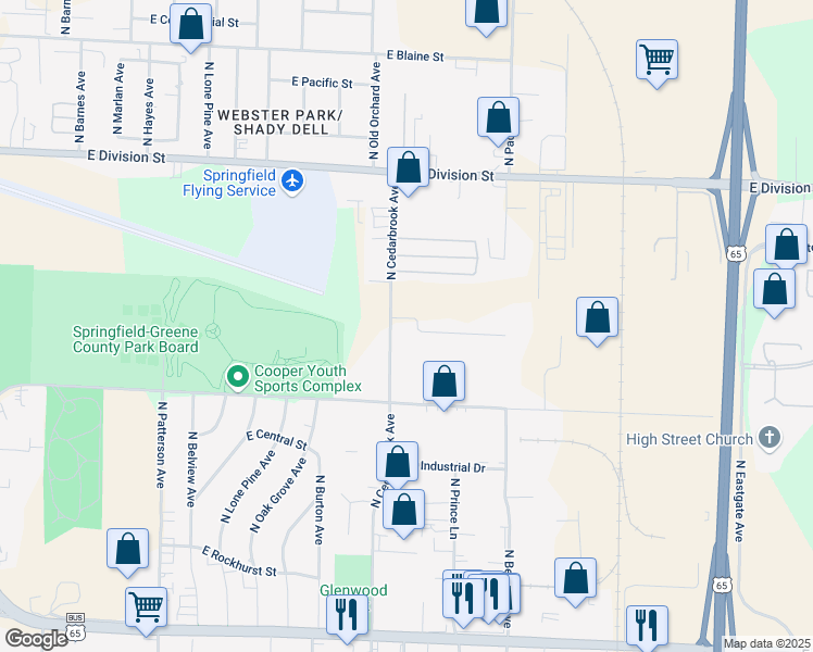 map of restaurants, bars, coffee shops, grocery stores, and more near 1120 North Cedarbrook Avenue in Springfield