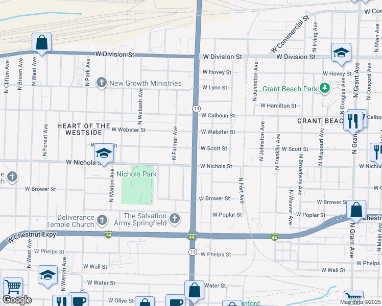 map of restaurants, bars, coffee shops, grocery stores, and more near 1527 West Nichols Street in Springfield
