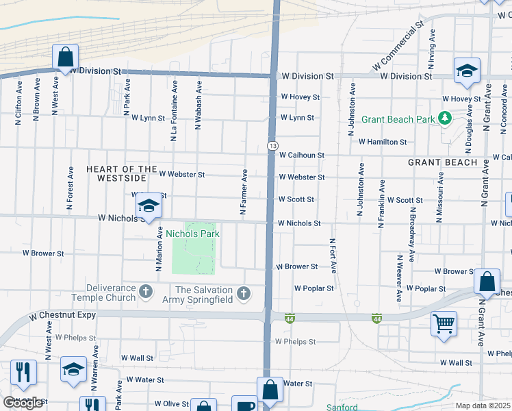 map of restaurants, bars, coffee shops, grocery stores, and more near 1000-1050 North Farmer Avenue in Springfield