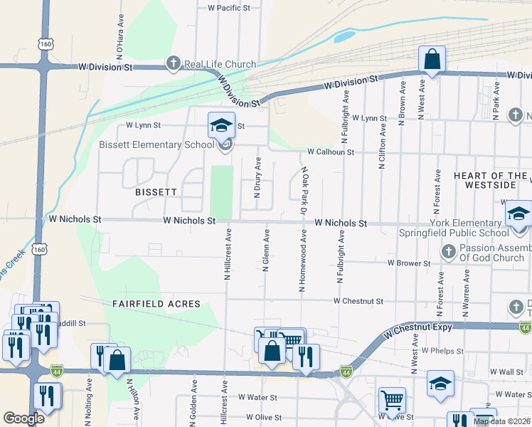 map of restaurants, bars, coffee shops, grocery stores, and more near 2854 West Scott Street in Springfield