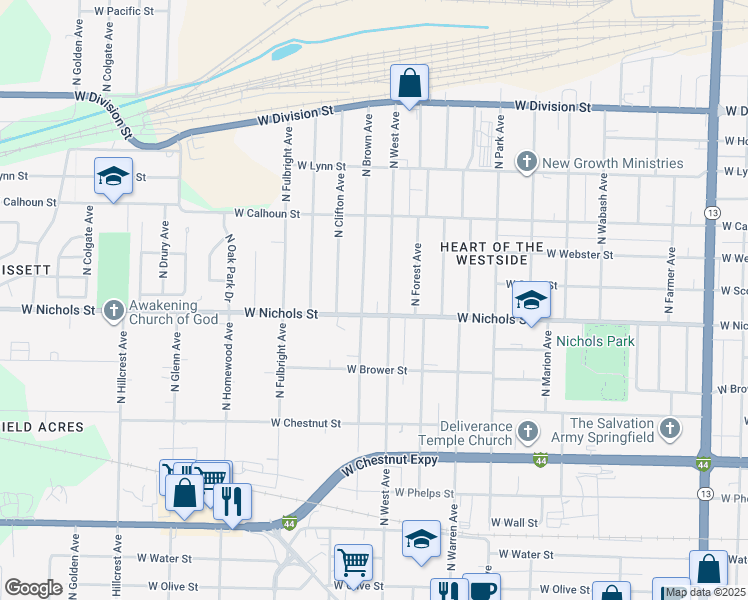 map of restaurants, bars, coffee shops, grocery stores, and more near 2515 West Nichols Street in Springfield