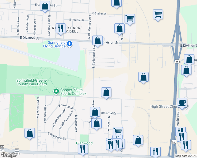 map of restaurants, bars, coffee shops, grocery stores, and more near 2824 East Bergman Street in Springfield