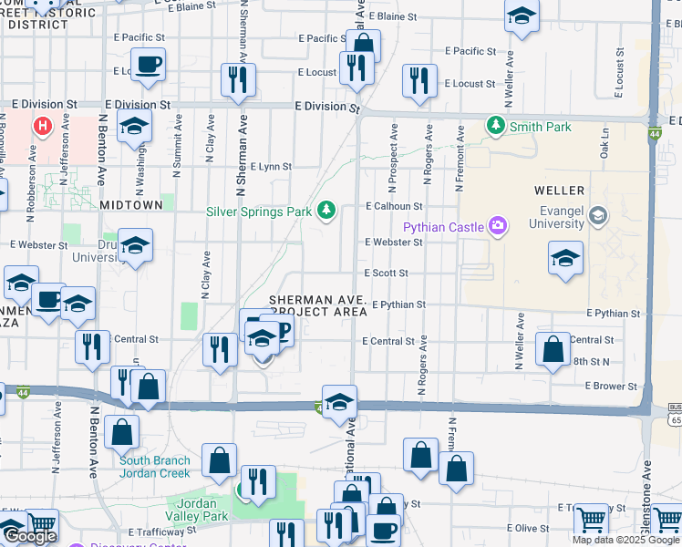 map of restaurants, bars, coffee shops, grocery stores, and more near North Florence Avenue in Springfield