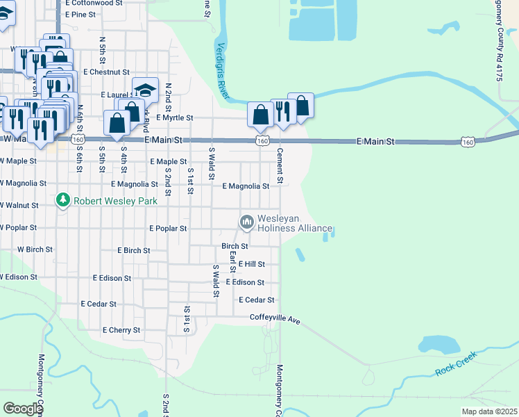 map of restaurants, bars, coffee shops, grocery stores, and more near 1001 East Walnut Street in Independence
