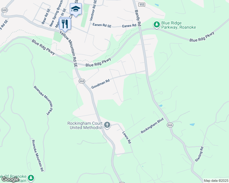 map of restaurants, bars, coffee shops, grocery stores, and more near 4541 Cowman Road in Roanoke