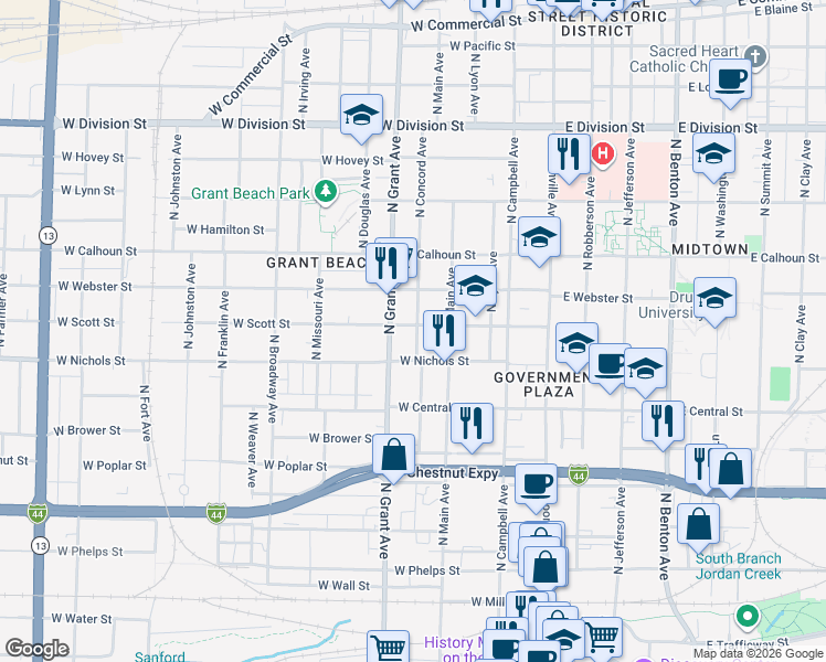 map of restaurants, bars, coffee shops, grocery stores, and more near 620 West Scott Street in Springfield